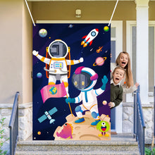 Load image into Gallery viewer, TICIAGA Outer Space Photo Door Banner, Large Polyester Astronaut Face Photography Banner Background, Astronaut Pretend Play Party Game Photo Props Backdrop Props, Universe Space Theme Party Supply