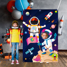 Load image into Gallery viewer, TICIAGA Outer Space Photo Door Banner, Large Polyester Astronaut Face Photography Banner Background, Astronaut Pretend Play Party Game Photo Props Backdrop Props, Universe Space Theme Party Supply