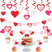 Load image into Gallery viewer, Ticiaga 60pcs Felt Red Heart Cut-outs for Valentines Day Decor, Red Heart Garland Banner, Swirl Ceiling Decor, Pink Heart Table Topper, Cake Topper, Valentine Wedding Anniversary Birthday Party Supply