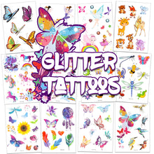 Load image into Gallery viewer, TICIAGA 16 Sheets Glitter Tattoos for Kids, Assorted Temporary Tattoos, 135 Dazzling Designs of Fake Waterproof Tattoos for Boys Girls, Butterfly, Unicorn, Animals Tattoos for Birthday Party Favors
