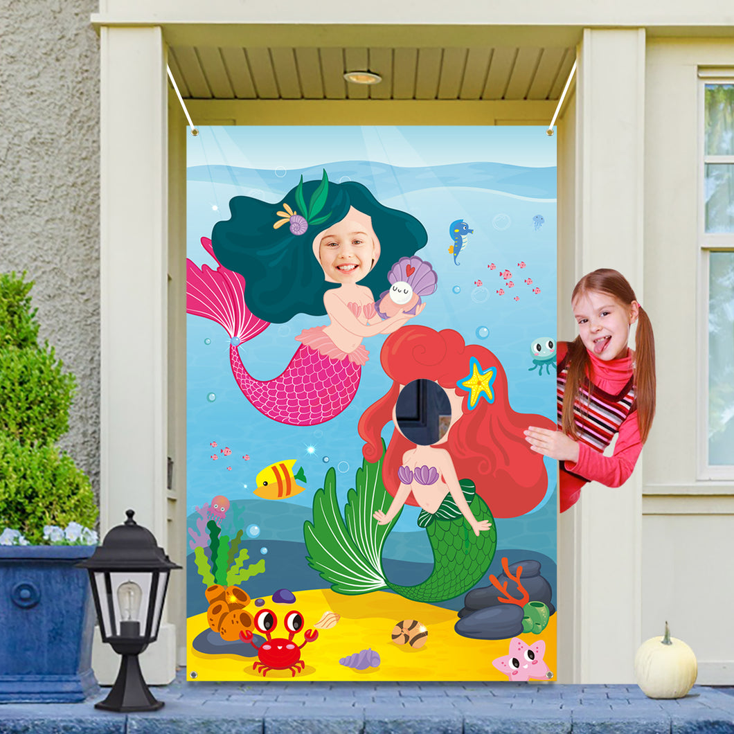 Ticiaga Mermaid Princess Photo Door Banner, Large Fabric Ariel Face Photography Banner Background, Pretend Play Party Game Photo Props Backdrop Props, Under The Sea Theme Party Favor Decoration