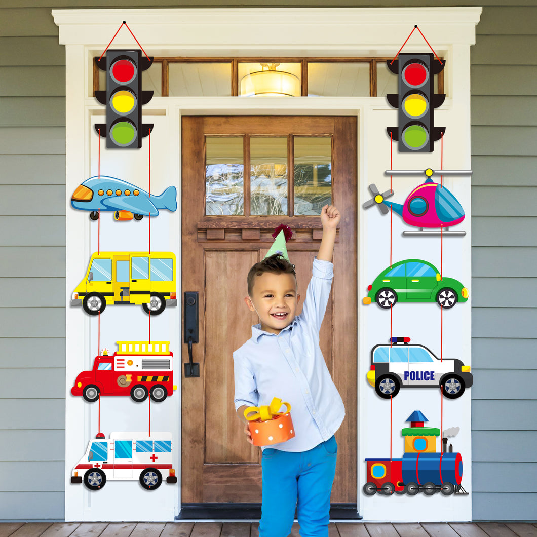 TICIAGA 10pcs Transportation Cardboard Cut-Out for Outdoor Porch Sign Door Banner, Transportation Theme Birthday Party Banner, Car Theme Hanging Party Decoration Kit, Mix of Car, Plane, Traffic Light