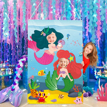 Load image into Gallery viewer, Ticiaga Mermaid Princess Photo Door Banner, Large Fabric Ariel Face Photography Banner Background, Pretend Play Party Game Photo Props Backdrop Props, Under The Sea Theme Party Favor Decoration
