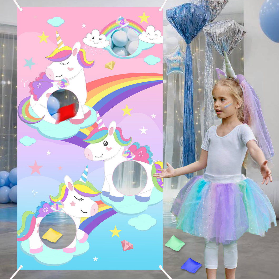 TICIAGA Rainbow Unicorn Bean Bag Toss Game with 4 Bean Bags, Fun Indoor Outdoor Game for Kids and Adults, Unicorn Banner for Unicorn Party Decoration Supplies, Class Activity , Picnic Time